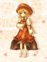 1girl aki_minoriko amano_jack bad_feet bad_id bad_pixiv_id barefoot blonde_hair feet female_focus food fruit full_body grapes hat highres leaf long_sleeves orange_eyes plant short_hair sleeves_past_wrists smile solo standing touhou