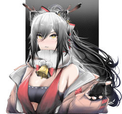 Rule 34 | 1girl, absurdres, aburaage here, animal ears, arknights, bad id, bad pixiv id, bandeau, bare shoulders, bell, black gloves, breasts, cat ears, commentary, fake antlers, fingerless gloves, gloves, hair between eyes, highres, jacket, long hair, long sleeves, looking at viewer, medium breasts, off shoulder, open clothes, open jacket, parted lips, pink jacket, scarf, schwarz (arknights), schwarz (presents) (arknights), silver hair, solo, strapless, tube top, upper body, white scarf, yellow eyes