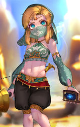 Rule 34 | 1boy, :o, arabian clothes, armlet, bandeau, bare shoulders, black pants, blonde hair, blue eyes, blue sky, blurry, blurry background, bridal gauntlets, circlet, commentary request, crossdressing, day, detached sleeves, gerudo set (zelda), groin, halterneck, harem pants, highres, holding, holding weapon, jewelry, kashu (hizake), lens flare, link, looking at viewer, male focus, medium hair, midriff, mouth veil, navel, nintendo, official alternate costume, outdoors, pants, pointy ears, see-through, sheikah slate, sidelocks, sky, solo, standing, stomach, sunlight, the legend of zelda, the legend of zelda: breath of the wild, trap, veil, weapon
