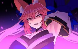 Rule 34 | 1girl, absurdres, animal ears, armpits, blue bow, bow, breasts, detached sleeves, fang, fate/extra, fate (series), fox ears, highres, jifuwabe, large breasts, open mouth, orange eyes, orange hair, solo, tamamo (fate), tamamo no mae (fate/extra), twintails