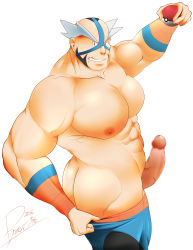 Rule 34 | 1boy, abs, ass, bara, butt crack, crasher wake, creatures (company), erection, game freak, highres, looking at viewer, male focus, muscular, nintendo, nipples, pectorals, penis, pokemon, silver hair, smile, solo, tagme, teeth, topless male, undressing