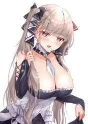 Rule 34 | 1girl, absurdres, azur lane, bare shoulders, between breasts, black dress, blush, breasts, bunching hair, classic (zildjian33), cleavage, commentary, detached collar, detached sleeves, dress, embarrassed, formidable (azur lane), frilled dress, frills, gothic lolita, highres, holding, holding own hair, huge breasts, light brown hair, lolita fashion, long hair, looking at viewer, low neckline, md5 mismatch, open mouth, red eyes, ribbon, skirt hold, solo, twintails, two-tone ribbon, underbust, very long hair