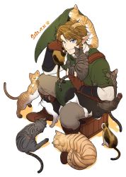 Rule 34 | 1boy, animal, arm guards, blonde hair, blue eyes, boots, box, brown footwear, brown gloves, cat, dated, earrings, fingerless gloves, full body, gloves, green headwear, green tunic, grey pants, grin, hat, unworn hat, unworn headwear, highres, holding, holding animal, holding cat, jewelry, link, looking at viewer, male focus, multiple cats, nintendo, on box, pants, pointy ears, shirt, short hair, shoulder strap, sitting, smile, swept bangs, teeth, the legend of zelda, the legend of zelda: twilight princess, thick eyebrows, tnp, white background, white shirt, wooden box