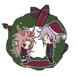 Rule 34 | 2boys, ahoge, animal ears, black shirt, black shorts, brown pants, chibi, christmas wreath, coat, colored eyelashes, deer ears, earrings, fake animal ears, fake antlers, gingerbread man, grey coat, hands in pockets, hat, hatsutori hajime, jewelry, jitome, lian843665, long sleeves, male focus, multiple boys, no mouth, no nose, one eye closed, open clothes, open coat, open mouth, pants, pink hair, purple hair, red eyes, red headwear, saibou shinkyoku, santa hat, shirt, shorts, simple background, smile, theodore riddle, transparent background, wreath