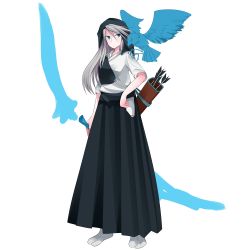 Rule 34 | 1girl, alternate costume, arrow (projectile), ashe (league of legends), bird, blue eyes, blush, bow (weapon), eagle, falcon, hakama, hakama skirt, hand on own hip, hip vent, hood, japanese clothes, league of legends, long hair, mizunaka, muneate, quiver, side slit, silver hair, simple background, skirt, solo, weapon, white background