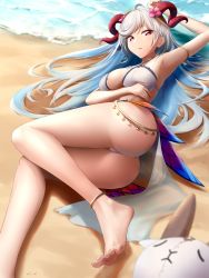 Rule 34 | 1girl, absurdres, anklet, ass, barefoot, beach, feet, fire emblem, freyja (fire emblem), gradient hair, highres, horns, jewelry, long hair, looking at viewer, lying, multicolored hair, nintendo, parted lips, red eyes, soles, toes, two-tone hair, white hair