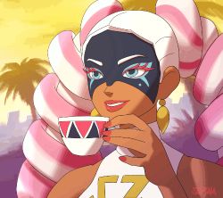 Rule 34 | 1girl, animated, arms (game), blue eyes, dark skin, dark-skinned female, drinking, earrings, female focus, jewelry, lipstick, lowres, makeup, mask, nail polish, nintendo, pink hair, smile, solo, stup-jam, twintelle (arms)