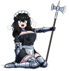 Rule 34 | 1girl, armor, axe, black eyes, black hair, blush, breasts, cleavage, formicid, holding, holding axe, large breasts, long hair, looking at viewer, maid, maid headdress, open mouth, original, smile, solo, sweat
