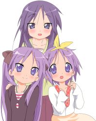 Rule 34 | 00s, 3girls, age difference, blue eyes, bow, casual, collarbone, hair bow, hair ribbon, highres, hiiragi kagami, hiiragi miki, hiiragi tsukasa, holding hands, long hair, lucky star, mother and daughter, multiple girls, purple hair, ribbon, short hair, siblings, simple background, sisters, skirt, smile, tareme, tsurime, twins, twintails, vector trace