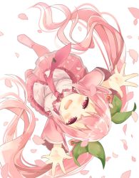 Rule 34 | 1girl, arms up, bad id, bad pixiv id, blush, boots, from above, hatsune miku, long hair, looking up, necktie, open mouth, outstretched arms, petals, pink eyes, pink footwear, pink hair, sakura miku, skirt, solo, twintails, very long hair, vocaloid, white background, yuzumochi