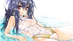Rule 34 | 1girl, arm support, bare shoulders, casual one-piece swimsuit, hikabe sakuho, leotard, long hair, lying, on back, one-piece swimsuit, purple hair, red eyes, see-through, see-through leotard, shinrabanshou, swimsuit, water, wet, yuuyami no mikazuki