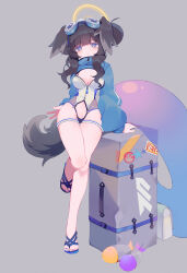 Rule 34 | 1girl, absurdres, animal ears, bare legs, black hair, blue archive, blue eyes, breasts, dog ears, dog tail, double bun, feet, full body, goggles, goggles on head, hair bun, halo, hibiki (blue archive), highres, legs, long hair, long sleeves, looking at viewer, medium breasts, nail polish, navel, one-piece swimsuit, puffy long sleeves, puffy sleeves, sandals, simple background, solo, standing, standing on one leg, swimsuit, tail, teoskyrios, toenail polish, toenails, toes, white one-piece swimsuit