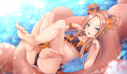 Rule 34 | 1girl, abigail williams (emerald float) (fate), abigail williams (fate), absurdres, ankle scrunchie, ass, bare shoulders, bikini, black bikini, black bow, blonde hair, blue eyes, blush, bow, breasts, collarbone, crossed legs, double bun, emerald float, fate/grand order, fate (series), feet, forehead, frilled bikini, frills, hair bow, hair bun, highres, innertube, legs, legs up, long hair, looking at viewer, lying, multiple bows, official alternate costume, on back, open mouth, orange bow, parted bangs, pink innertube, polka dot, polka dot bow, polka dot innertube, rian no kainushi, scrunchie, sidelocks, small breasts, smile, solo, swim ring, swimsuit, water, wrist scrunchie