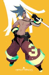 Rule 34 | 1boy, belt, blue eyes, blue hair, character name, galo thymos, gloves, hand on own hip, harurie, holding, holding weapon, male focus, pants, pectorals, polearm, promare, topless male, smile, spear, spiked hair, weapon