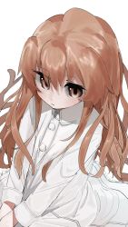 Rule 34 | 1girl, aisaka taiga, brown eyes, brown hair, closed mouth, coat, commentary request, donut 335, hair between eyes, highres, light blush, long sleeves, looking at viewer, partial commentary, simple background, solo, toradora!, white background, white coat