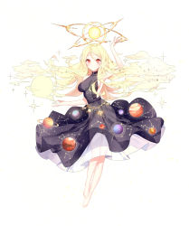 Rule 34 | 1girl, barefoot, blonde hair, blush, breasts, cancer (constellation), capricorn (constellation), cloud, dress, earth (planet), full body, halter dress, halterneck, highres, jupiter (planet), large breasts, long hair, looking at viewer, mars (planet), mercury (planet), neptune, original, personification, planet, red eyes, ronopu, saturn (planet), see-through, see-through dress, sideboob, smile, solar system, solo, star (symbol), sun, taurus (constellation), uranus (planet), venus (planet), white background
