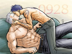 Rule 34 | 2boys, bara, beard, black hair, black pants, black shirt, clothes pull, couch, couple, denim, facial hair, goatee, jeans, kiss, kokorozashi, large pectorals, long sideburns, male focus, mature male, multiple boys, muscular, muscular male, on couch, one piece, pants, pants pull, pectorals, pulling another&#039;s clothes, scar, scar on chest, shirt, short hair, sideburns, smile, smoker (one piece), stubble, topless male, trafalgar law, undressing another, white hair, yaoi
