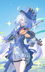Rule 34 | 1girl, absurdres, ahoge, asymmetrical gloves, black gloves, blue hair, blue hat, blue jacket, closed eyes, commentary, cowboy shot, echj, furina (genshin impact), genshin impact, gloves, hat, highres, holding, holding instrument, instrument, jacket, long sleeves, mismatched gloves, short shorts, shorts, solo, standing, thigh strap, thighs, top hat, violin, white gloves, white shorts