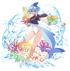 Rule 34 | 1girl, :d, absurdres, azuumori, bare legs, barefoot, black sailor collar, black shirt, blue hair, coral, covered navel, cropped shirt, finger on trigger, fins, full body, gluteal fold, head fins, highres, holding, holding water gun, looking at viewer, mako (azuumori), neckerchief, one-piece swimsuit, open mouth, original, pink eyes, red neckerchief, sailor collar, sharp teeth, shirt, smile, solo, swimsuit, tail, teeth, toenails, water, water gun, white one-piece swimsuit