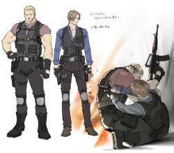 Rule 34 | 2boys, ammunition pouch, belt, black belt, black gloves, black pants, blonde hair, blue shirt, boots, brown hair, brown pants, buckle, bulletproof vest, cross-laced footwear, curtained hair, fingerless gloves, firing, gloves, gun, holding, holding gun, holding weapon, holster, holstered, jack krauser, knee pads, knife sheath, lace-up boots, leon s. kennedy, male focus, multiple boys, muscular, muscular male, pants, pants tucked in, pouch, red shirt, resident evil, resident evil 4, resident evil 4 (remake), scar, scar across eye, scar on face, scar on mouth, sheath, shirt, short hair, shoulder holster, snap-fit buckle, tatsumi (psmhbpiuczn), thigh holster, thigh pouch, translation request, weapon