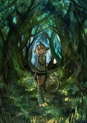 Rule 34 | 1girl, :o, absurdres, blonde hair, claws, female focus, forest, grass, highres, kaamin (mariarose753), looking up, monster girl, nature, original, outdoors, short hair, solo, standing, tail, tokage (kaamin), tree