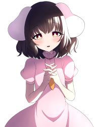 Rule 34 | 1girl, animal ears, arms up, black hair, blush, breasts, bright pupils, carrot necklace, commentary request, cowboy shot, dress, head tilt, high collar, highres, inaba tewi, interlocked fingers, jewelry, looking at viewer, necklace, own hands clasped, own hands together, parted lips, pink dress, puffy short sleeves, puffy sleeves, rabbit ears, red eyes, short hair, short sleeves, sidelighting, simple background, small breasts, solo, standing, touhou, tsukimirin, white background, white pupils
