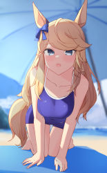 Rule 34 | 1girl, absurdres, all fours, animal ears, bare shoulders, barefoot, beach towel, blonde hair, blue eyes, blue one-piece swimsuit, blue school swimsuit, blurry, blurry background, blush, bow, breasts, collarbone, covered navel, ear bow, foreshortening, gold city (umamusume), highres, horse ears, horse girl, horse tail, long hair, looking at viewer, medium breasts, mefuyaka, nontraditional school swimsuit, one-piece swimsuit, open mouth, outdoors, school swimsuit, solo, swimsuit, tail, towel, tracen swimsuit, umamusume