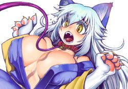 Rule 34 | 1girl, animal ears, animal hands, areola slip, blush, breasts, capcom, chinjuu hibakichi, covered erect nipples, dog ears, drawr, fangs, gallon (vampire), gender request, genderswap, japanese clothes, kimono, large breasts, leash, long hair, midnight bliss, open clothes, open shirt, personification, shirt, silver hair, vampire (game), yellow eyes