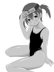 Rule 34 | 10cc, 1girl, bad id, bad pixiv id, goggles, goggles on head, greyscale, monochrome, one-piece swimsuit, original, short hair, solo, swimsuit, twintails