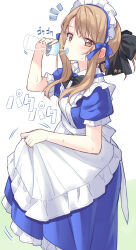 Rule 34 | 1girl, apron, black bow, blue dress, blush, bottle, bow, brown eyes, brown hair, dress, drinking, frilled apron, frills, highres, holding, holding bottle, ina (inadahime), long hair, maid, maid headdress, original, puffy sleeves, short sleeves, solo, tsubaki-chan (ina (inadahime)), white apron, white background