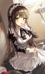 Rule 34 | 1girl, absurdres, alternate costume, apron, bandages, black hair, broken glass, brown eyes, dress, enmaided, eunyoo, eyebrows hidden by hair, from above, glass, highres, long hair, looking at viewer, maid, maid apron, maid headdress, open mouth, original, pinafore dress, sleeveless dress, solo