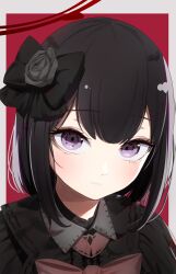 Rule 34 | 1girl, alternate costume, black bow, black dress, black hair, blue archive, blush, bow, closed mouth, dress, gothic lolita, hair bow, halo, highres, lolita fashion, looking at viewer, mashiro (blue archive), morotake, portrait, purple eyes, red halo, short hair, solo, winged halo