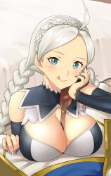 Rule 34 | 1boy, 1girl, absurdres, ahoge, bare shoulders, bed, black nails, blue eyes, blush, braid, breasts, bridal gauntlets, chest harness, cleavage, fire emblem, fire emblem fates, fire emblem heroes, grey nails, hairband, harness, highres, igni tion, kiran (fire emblem), kiran (male) (fire emblem), large breasts, looking at viewer, md5 mismatch, nail polish, nina (fire emblem), nintendo, pov, resolution mismatch, seductive smile, smile, source smaller, tongue, tongue out, twin braids, white hair