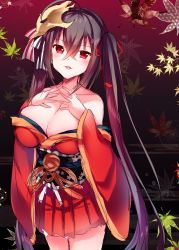 Rule 34 | 1girl, :d, ahoge, autumn leaves, azur lane, bare shoulders, black hair, blush, breasts, cleavage, collarbone, cowboy shot, crossed bangs, fingers together, fiyu, hair between eyes, hair ribbon, highres, japanese clothes, large breasts, long hair, long sleeves, obi, off shoulder, open mouth, red eyes, red ribbon, ribbon, sash, smile, solo, taihou (azur lane), very long hair, wide sleeves