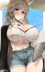 Rule 34 | 1girl, absurdres, arknights, bikini, blue sky, breasts, cloud, commentary request, cowboy shot, day, denim, denim shorts, grey hair, hat, highres, huge breasts, jewelry, kajuu, long hair, looking at viewer, navel, necklace, purple eyes, short shorts, shorts, sky, solo, standing, stomach, straw hat, swimsuit, thighs, utage (arknights), utage (summer flowers) (arknights)