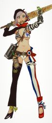Rule 34 | 1girl, absurdres, adapted costume, alternate weapon, asymmetrical footwear, asymmetrical legwear, bag, baguette, belt, beret, black headwear, blue eyes, bottle, bread, breasts, commentary, croissant, cup, detached leggings, drinking glass, english commentary, fate/grand order, fate (series), flag, flag bikini, flag print, food, food in mouth, france, french flag, frog, full body, hat, high heels, highres, holding, holding weapon, long legs, medium breasts, mismatched footwear, mismatched legwear, miyamoto musashi (fate), mossacannibalis, mouth hold, navel, outstretched arm, pink hair, shinai, shrug (clothing), snails, solo focus, standing, striped, sword, underboob, vertical stripes, weapon, white background, wine bottle, wine glass