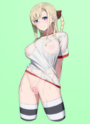 Rule 34 | 1girl, absurdres, arms behind back, blonde hair, blue eyes, blush, bottomless, braid, breasts, censored, covered erect nipples, cropped legs, green background, heart, heart censor, high school fleet, highres, large breasts, long hair, looking at viewer, onsen tamago (hs egg), open mouth, pussy, see-through, simple background, single braid, solo, striped clothes, striped thighhighs, thighhighs, wet, wet clothes, wilhelmina braunschweig ingenohl friedeburg