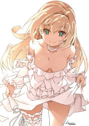 Rule 34 | 1girl, bare shoulders, blonde hair, blue eyes, breasts, breasts apart, choker, clothes lift, commission, cowboy shot, dress, dress lift, frilled dress, frills, highres, leaning forward, lifted by self, long hair, looking at viewer, medium breasts, no panties, original, shikei, single thighhigh, skeb commission, smile, solo, thighhighs, white background, white dress, white thighhighs