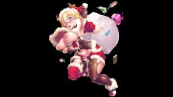 Rule 34 | 1girl, :o, arm behind back, asymmetrical legwear, bell, blonde hair, bodysuit, boots, breast hold, breasts, breasts out, christmas ornaments, curvy, deer head, fur-trimmed headwear, fur trim, gift, hat, jingle bell, large breasts, nipples, potion (moudamepo), red footwear, sack, santa costume, santa hat, shinohara mari, short hair, solo, taimanin (series), taimanin rpgx, torn bodysuit, torn clothes, wide hips