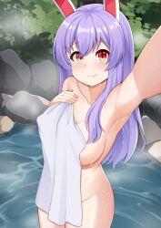 Rule 34 | 1girl, akasaka sato, animal ears, areola slip, armpits, blush, breasts, closed mouth, collarbone, cowboy shot, highres, holding, holding towel, large breasts, long hair, looking at viewer, naked towel, nude, onsen, purple hair, rabbit ears, rabbit girl, red eyes, reisen udongein inaba, smile, solo, touhou, towel, water, wet