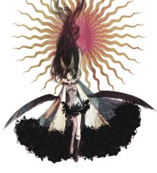 Rule 34 | 1girl, absurdly long hair, arm cannon, asymmetrical footwear, bird wings, black wings, cape, corset, fishnet legwear, fishnets, frilled cape, frills, long hair, mismatched footwear, nazo (mystery), pointing, pointing up, red eyes, reiuji utsuho, skirt, solo, third eye, touhou, very long hair, weapon, wings