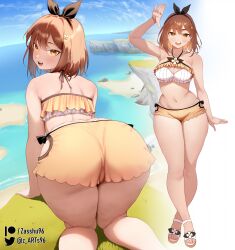 Rule 34 | 1girl, :d, all fours, ass, atelier (series), atelier ryza, atelier ryza 1, bikini, black hairband, blue sky, bow hairband, brown hair, crossed legs, from behind, hair ornament, hairband, hairpin, halterneck, highres, huge ass, looking at viewer, looking back, multiple views, ocean, open mouth, outdoors, patreon username, reisalin stout, sandals, shore, short hair, sky, smile, solo, swimsuit, thick thighs, thighs, toes, twitter username, watson cross, white bikini, white footwear, wide hips, yellow bikini, zasshu