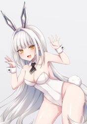 Rule 34 | 1girl, :d, animal ears, bare shoulders, blanc (nikke), breasts, chiji komari, cleavage, commentary request, fake animal ears, fang, fishnet pantyhose, fishnets, goddess of victory: nikke, grey background, hair intakes, hands up, headgear, highres, leotard, looking at viewer, medium breasts, open mouth, pantyhose, rabbit ears, rabbit tail, simple background, smile, solo, strapless, strapless leotard, tail, white hair, white leotard, white pantyhose, wrist cuffs, yellow eyes