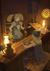 Rule 34 | 1boy, 1girl, absurdres, armor, bangle, bartender, beanie, black headwear, blonde hair, bracelet, breasts, brown eyes, chrono cross, cleavage, cleavage cutout, clothing cutout, cowboy shot, doc (chrono cross), dress, fingerless gloves, gloves, green dress, hair ornament, hand on own hip, hat, highres, indoors, jewelry, lantern, long hair, looking at another, medium breasts, neck ribbon, orlha (chrono cross), pinoj0214, plunging neckline, ribbon, shoulder armor, sidelocks, sitting, sleeveless, sleeveless jacket, twintails