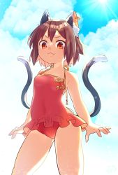 Rule 34 | 1girl, :3, alternate costume, animal ears, blue sky, brown hair, cat ears, cat tail, chen, closed mouth, cloud, earrings, fang, feet out of frame, highres, ibaraki natou, jewelry, looking at viewer, multiple tails, nekomata, no headwear, one-piece swimsuit, outdoors, red eyes, red one-piece swimsuit, short hair, single earring, sky, smile, solo, standing, sun, swimsuit, tail, touhou, two tails, v-shaped eyebrows