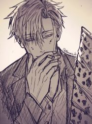 Rule 34 | 1boy, absurdres, blood, blood on face, buttons, cigarette, collared shirt, highres, holding, holding cigarette, jujutsu kaisen, looking at viewer, male focus, nanami kento, nekonii, parted lips, shirt, short hair, smoking, solo, upper body, weapon