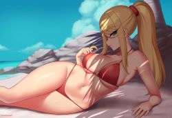 Rule 34 | 1girl, aqua eyes, arm support, armpit crease, artist name, beach, bikini, blonde hair, blue sky, blush, breasts, cloud, commentary, english commentary, feet out of frame, hair ornament, halterneck, hand in own hair, horizon, kuroonehalf, large breasts, legs, light particles, long hair, looking at viewer, looking to the side, lying, metroid, mole, mole under mouth, navel, nintendo, on side, parted lips, playing with own hair, ponytail, red bikini, rock, samus aran, sand, shadow, sidelocks, skindentation, sky, solo, string bikini, swimsuit, teeth, thighs, tree, water