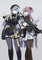 Rule 34 | 2girls, arm up, assault rifle, bag, beret, black legwear, bow, closed mouth, commentary request, feet out of frame, general-purpose machine gun, girls&#039; frontline, gloves, green eyes, grey background, gun, h&amp;k hk416, hair between eyes, hair bow, hair ornament, hair ribbon, hairclip, hat, hexagram, highres, hk416 (girls&#039; frontline), holding, holding gun, holding weapon, imi negev, iwi negev, jacket, light machine gun, long hair, looking at viewer, messenger bag, military jacket, multiple girls, negev (girls&#039; frontline), one eye closed, one side up, pantyhose, parted lips, pink hair, plaid, plaid skirt, red bow, red eyes, ribbon, rifle, shoulder bag, simple background, skirt, smile, standing, star of david, teardrop, thighhighs, ubah, weapon, white gloves, white hair, white skirt