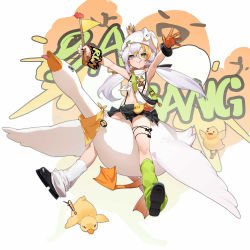 Rule 34 | 1girl, absurdres, animal, armpits, arms up, bird, candy, duck, eyebrows hidden by hair, flag, flying, food, gloves, green eyes, grey eyes, hair between eyes, hat, highres, holding, holding flag, looking at viewer, mouth hold, multicolored eyes, original, sitting, skirt, solo, tachi-e, tangdouji (machine), tongue, tongue out, twintails, white hair