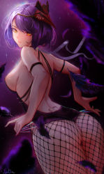 Rule 34 | 1girl, absurdres, alternate costume, ass, bare shoulders, blush, breasts, electro (genshin impact), feathers, fishnet pantyhose, fishnets, from behind, genshin impact, highres, kujou sara, leotard, looking at viewer, mask, mask on head, medium breasts, pantyhose, purple background, purple hair, shiny clothes, shiny skin, short hair, sideboob, solo, thighs, thong leotard, xude, yellow eyes